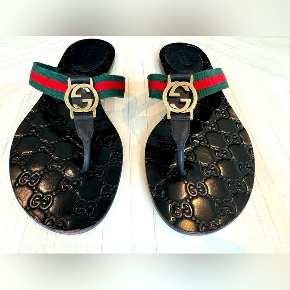 Authentic GUCCI Guccissima Web Thong Sandals Size 38/7.5 in Green Red Black - Picture 2 of 12